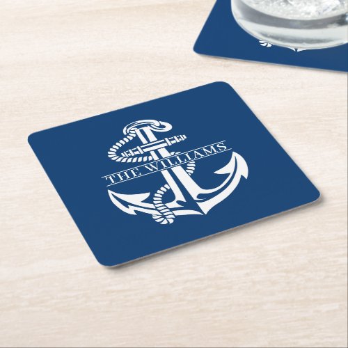 Custom Summery White Nautical Anchor On Navy Blue Square Paper Coaster