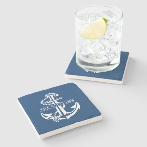 Custom Summery White Nautical Anchor On Navy Blue Stone Coaster