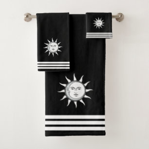 Custom Sun Moon & Three Stripes on Black Bath Towel Set