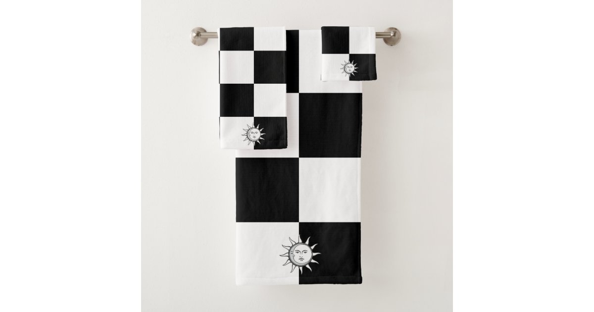 Custom Sun on Black and White Checkered Pattern Bath Towel Set Zazzle