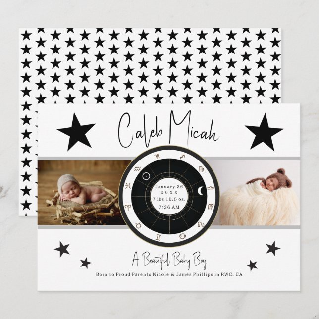 Custom Sun Sign & Moon Photo Birth Announcement (Front/Back)