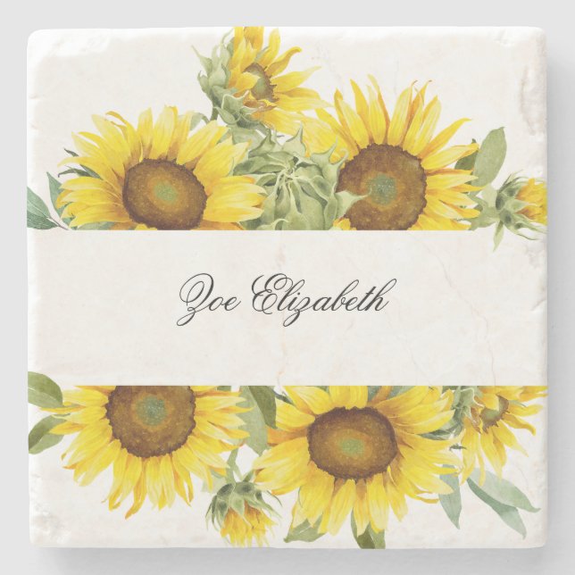 Custom Sunflower Floral Add your Name Monogram  Stone Coaster (Front)