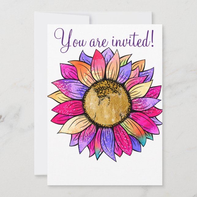 Custom Sunflower Floral Paper Party Pink & Purple Invitation (Front)