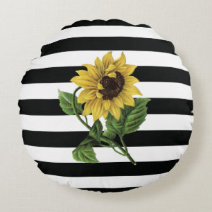 Custom Sunflower Pillow on Black and White Stripes