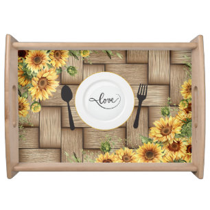 Custom Sunflower Rattan Design Large Serving Tray