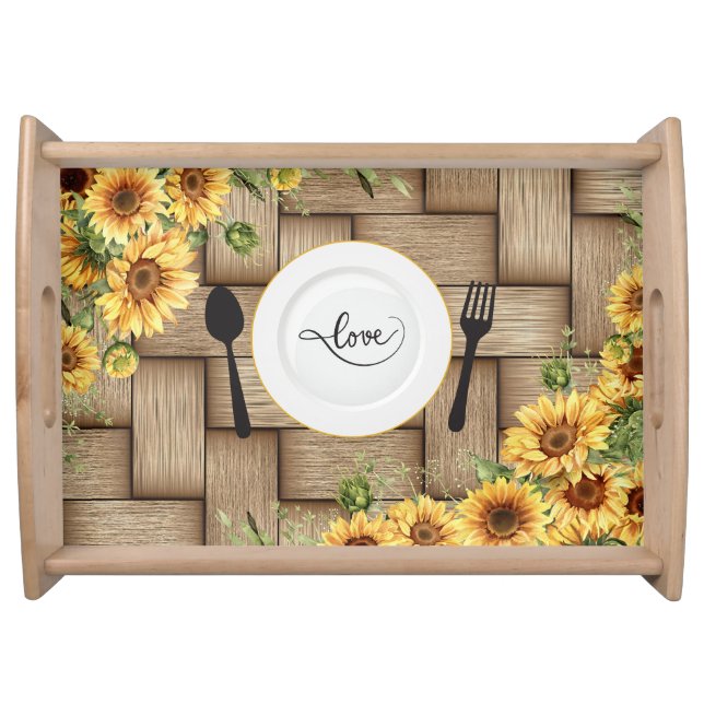 Custom Sunflower Rattan Design Large Serving Tray (Front)