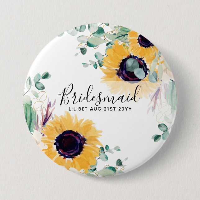 Custom Sunflowers Bridesmaids Gifts Add Name Date Button (Front)