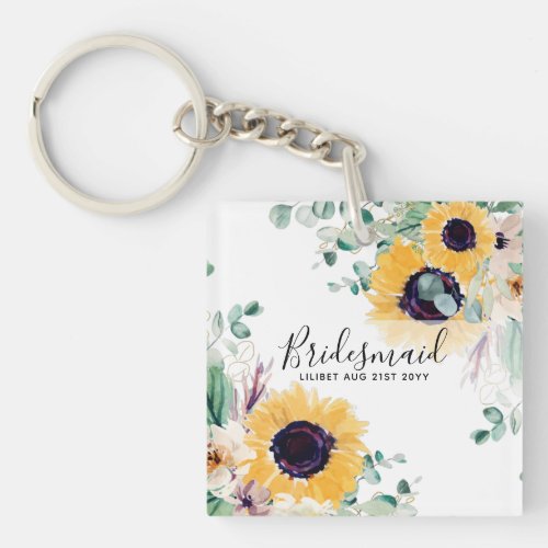 Custom Sunflowers Bridesmaids Gifts Add Name Date Keychain
