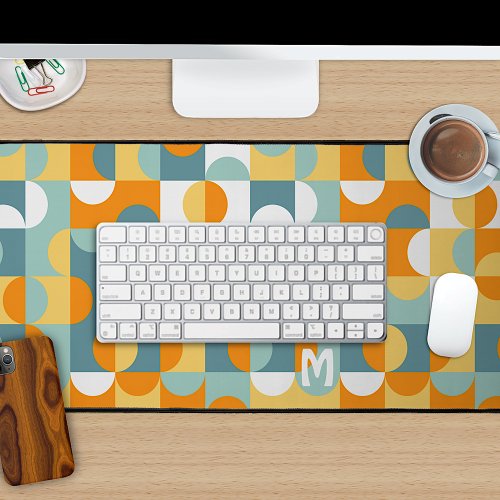Custom Sunny Orange Teal Blue Retro Art Pattern Desk Mat