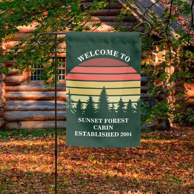 Custom Sunset Log Cabin Green Welcome Garden Flag (Creator Uploaded)
