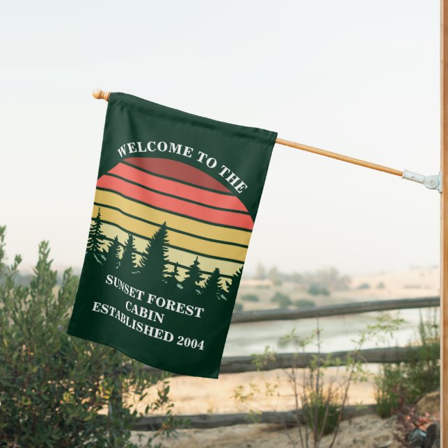 Custom Sunset Log Cabin Green Welcome House Flag (Insitu (Back))