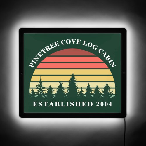 Custom Sunset Log Cabin Lake House Green Forest LED Sign