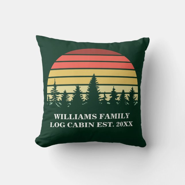 Custom Sunset Log Cabin Lake House Green Throw Pillow (Front)