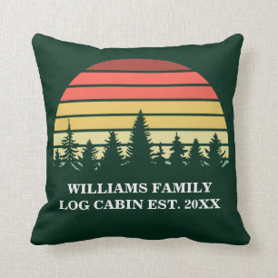 Custom Sunset Log Cabin Lake House Green Throw Pillow