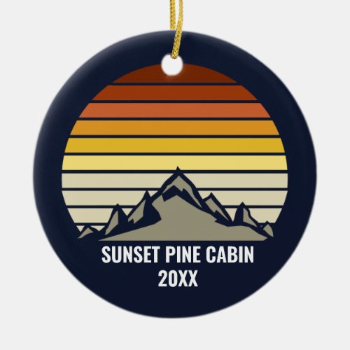 Custom Sunset Mountain Family Cabin Personalized Ceramic Ornament