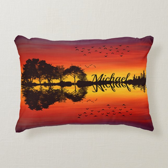 Custom Sunset Reflection Landscape with Name Accent Pillow (Front)