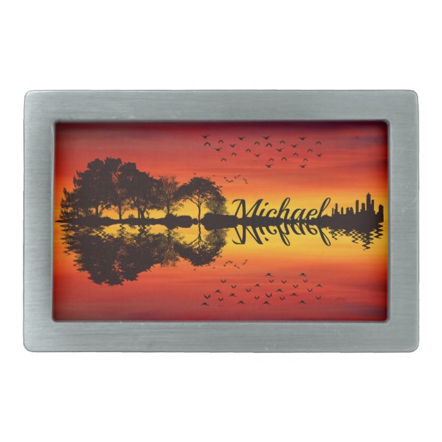 Custom Sunset Reflection Landscape with Name Belt Buckle (Front)