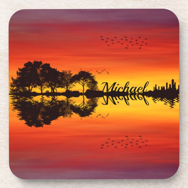 Custom Sunset Reflection Landscape with Name Beverage Coaster (Front)