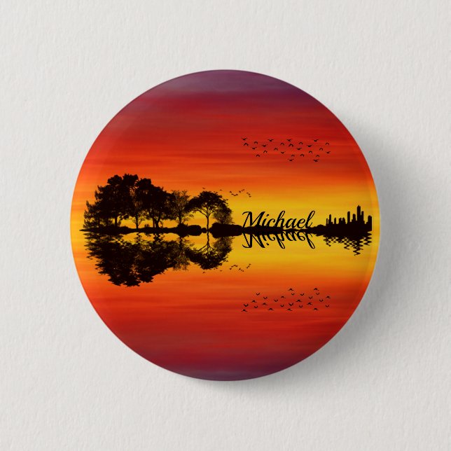 Custom Sunset Reflection Landscape with Name Button (Front)