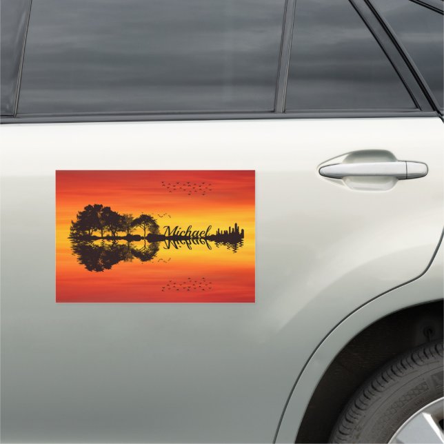 Custom Sunset Reflection Landscape with Name Car Magnet (In Situ)
