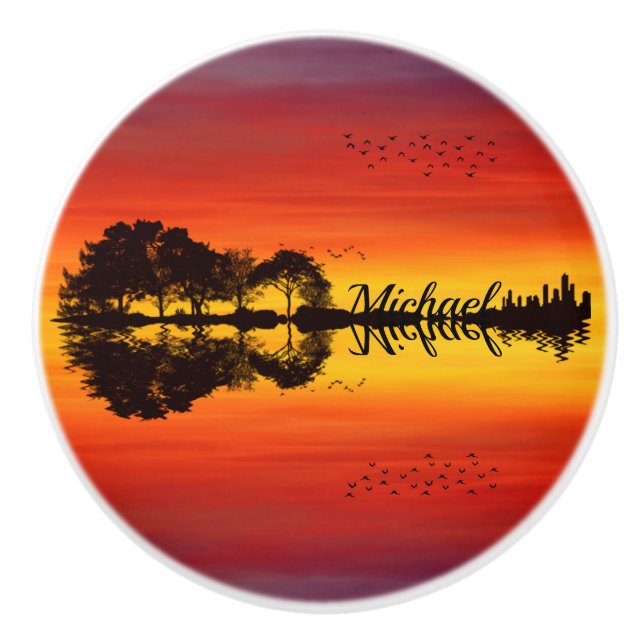 Custom Sunset Reflection Landscape with Name Ceramic Knob (Front)