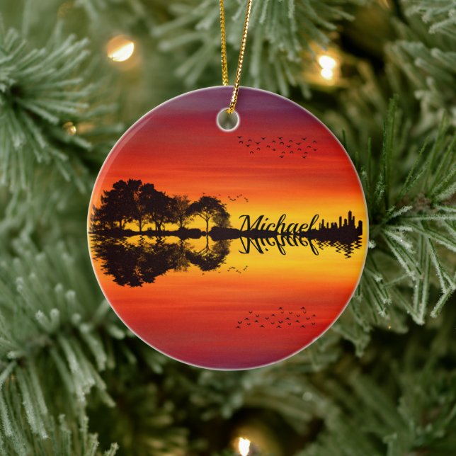 Custom Sunset Reflection Landscape with Name Ceramic Ornament (Tree)