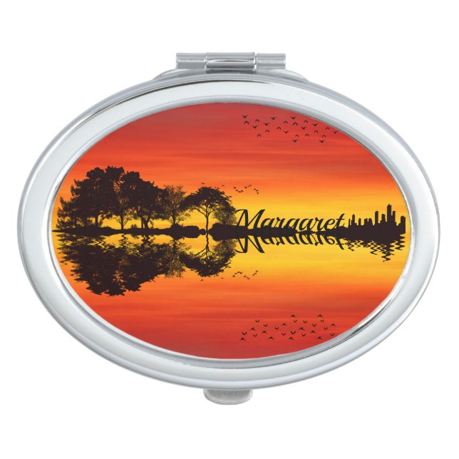 Custom Sunset Reflection Landscape with Name Compact Mirror (Front)