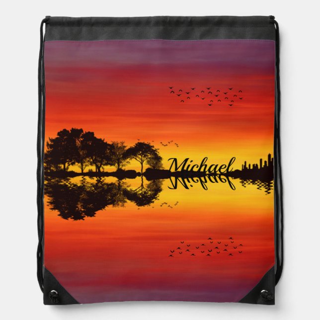 Custom Sunset Reflection Landscape with Name Drawstring Bag (Front)