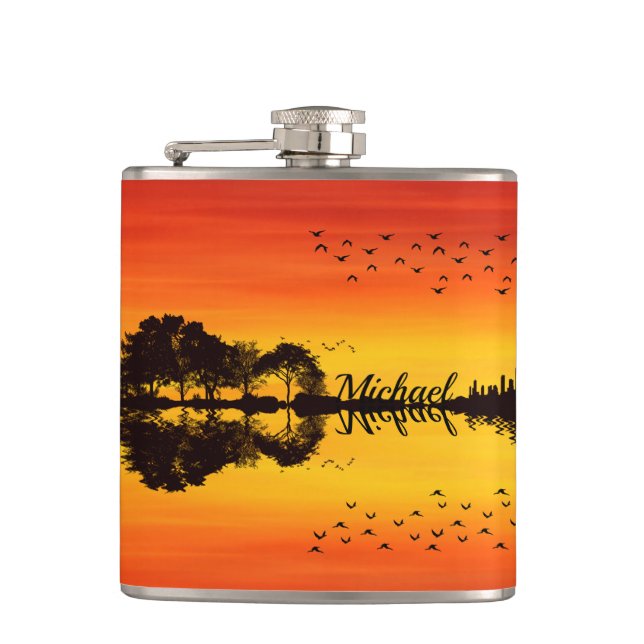 Custom Sunset Reflection Landscape with Name Flask (Front)