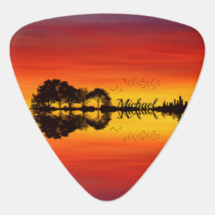 Custom Sunset Reflection Landscape with Name Guitar Pick