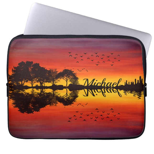 Custom Sunset Reflection Landscape with Name Laptop Sleeve (Front)
