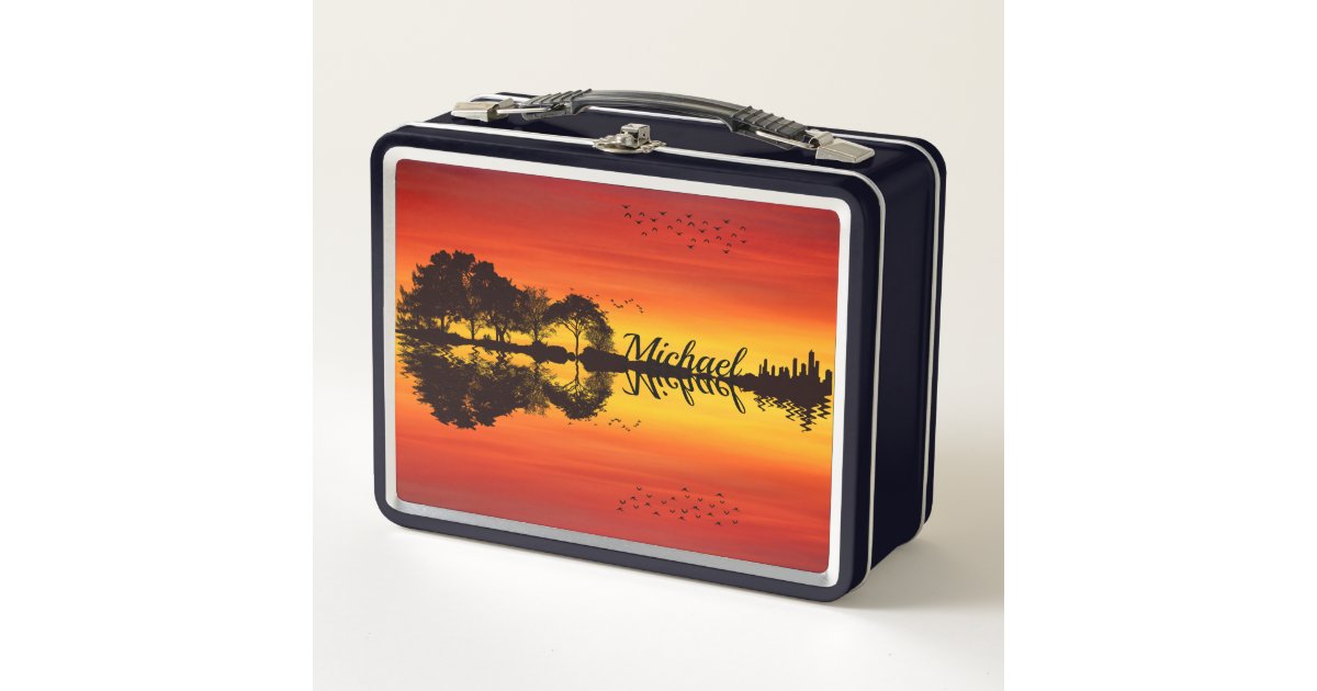 Reflection Lunch Box Custom Sunset Reflection Landscape with Name Metal Lunch Box | Zazzle