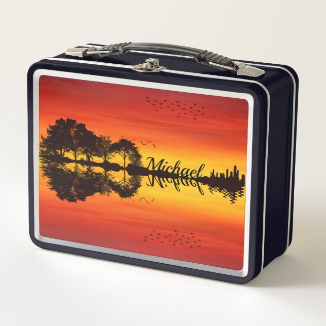 Custom Sunset Reflection Landscape with Name Metal Lunch Box (Front)