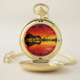 Custom Sunset Reflection Landscape with Name Pocket Watch