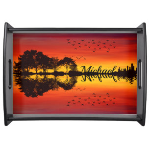 Custom Sunset Reflection Landscape with Name Serving Tray