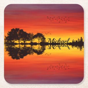 Custom Sunset Reflection Landscape with Name Square Paper Coaster