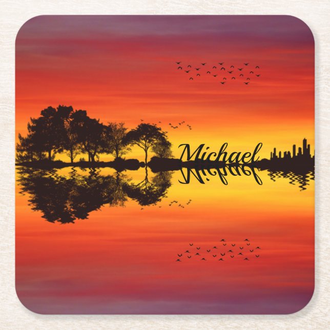 Custom Sunset Reflection Landscape with Name Square Paper Coaster (Front)