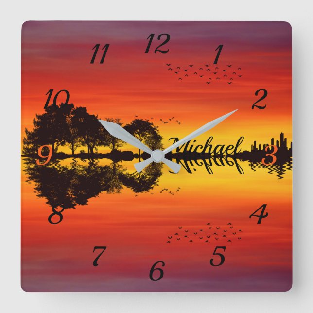 Custom Sunset Reflection Landscape with Name Square Wall Clock (Front)