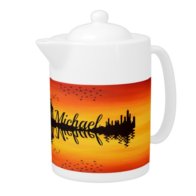 Custom Sunset Reflection Landscape with Name Teapot (Right)