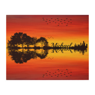 Custom Sunset Reflection Landscape with Name Wood Wall Art