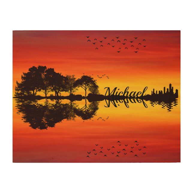 Custom Sunset Reflection Landscape with Name Wood Wall Art (Front)