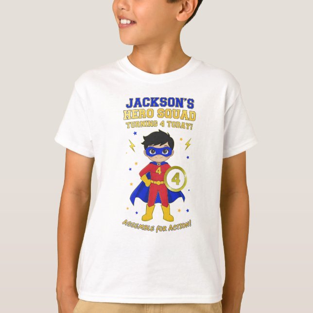 Custom Superhero Boy 4th Birthday Hero Squad  T-Shirt (Front)