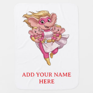 Custom Superhero Elephant Mom of Twins Cute Cartoo Baby Blanket