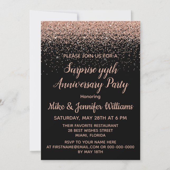 Custom Surprise Anniversary Party Black Rose Gold Invitation (Front)