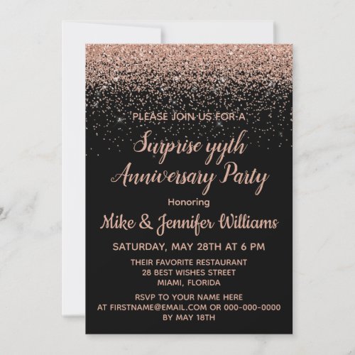 Custom Surprise Anniversary Party Black Rose Gold Invitation