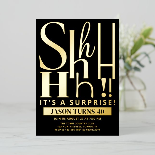 Custom Surprise Birthday Party Invite, Shhh Secret Foil Invitation (Standing Front)