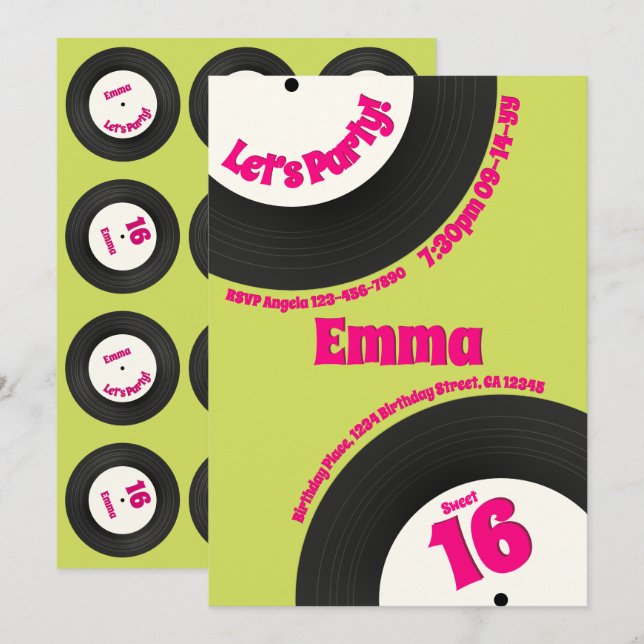 Custom Sweet 16 Birthday Colourful Retro Record Invitation (Front/Back)