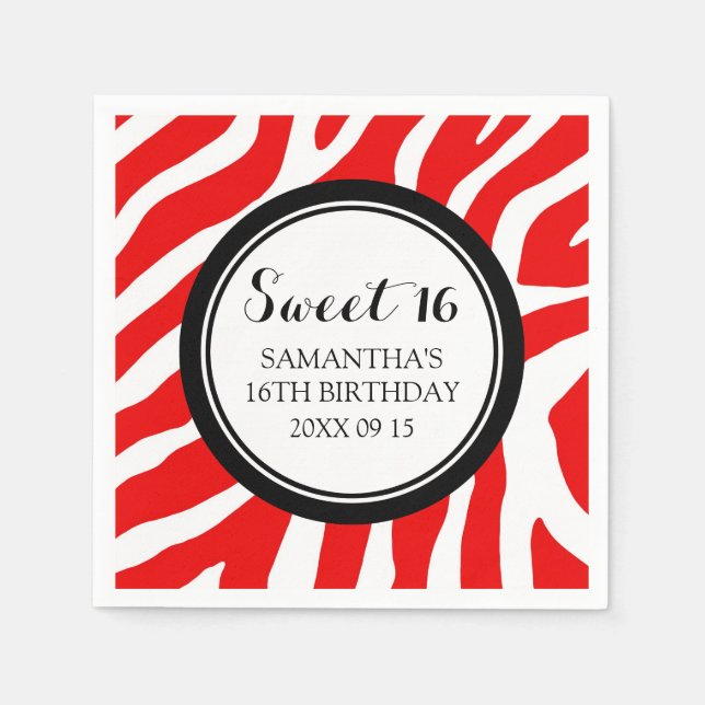 Custom Sweet 16 Birthday Napkin Red Zebra (Front)