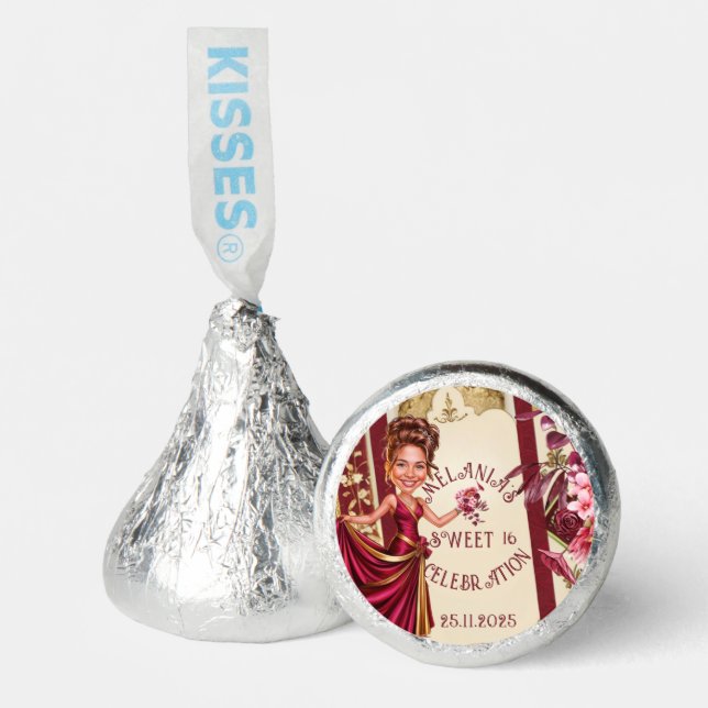 Custom Sweet 16 gold and Ruby Red caricature Hershey®'s Kisses® (Front)