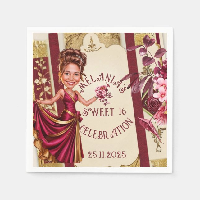Custom Sweet 16 gold and Ruby Red caricature Napkins (Front)